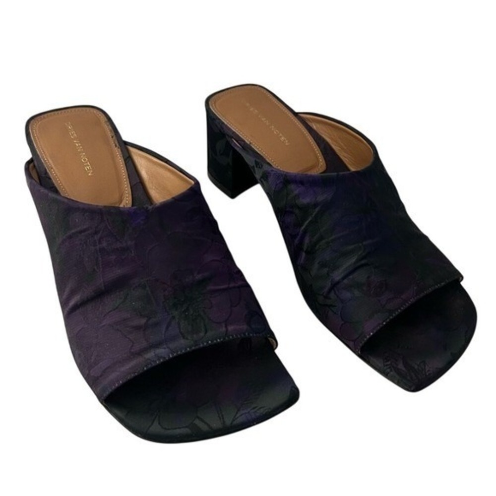 Dries Van Noten Purple Floral Jacquard Open Square Toe Mule Slip On Sandal 36